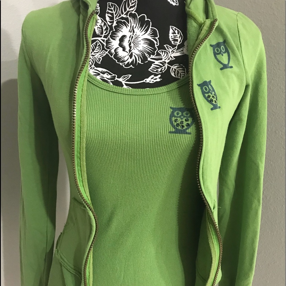 Mossimo Supply Co Avocado Green Jacket & Tank Top Set 2pc Rhinestone Owls XS NEW
